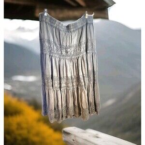 Vintage Muted Gray Emroidered Prairie Skirt Boho Cottagecore Tiered  Womens XL